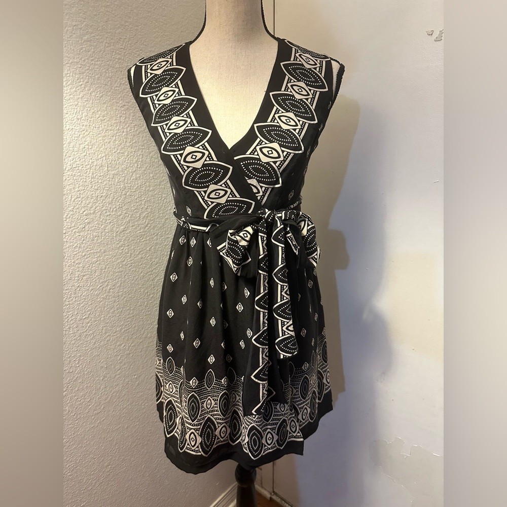 Black and White Asymmetrical Tie Front Mini Dress